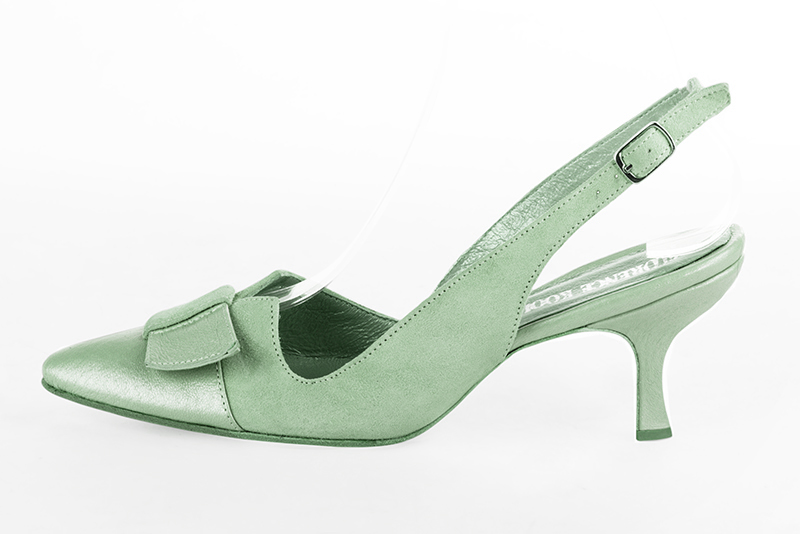 Mint green women's open back shoes, with a knot. Tapered toe. High spool heels. Profile view - Florence KOOIJMAN